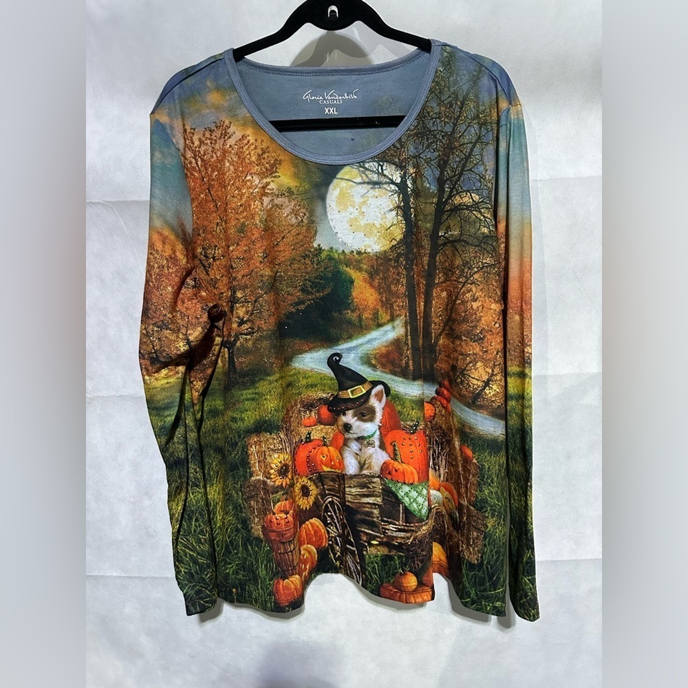 Gloria Vanderbilt Halloween Pumpkin Puppy Dog Jeweled Shirt XXL Embellish Witch
